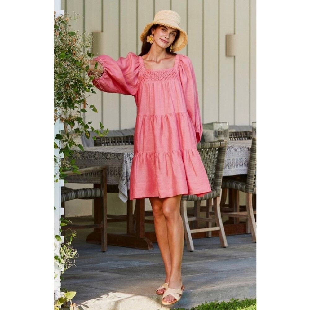 Tyler Boe Ansley Linen Mini Puff Sleeve Tiered Dress Coral Pink Small Beachy - Picture 2 of 13